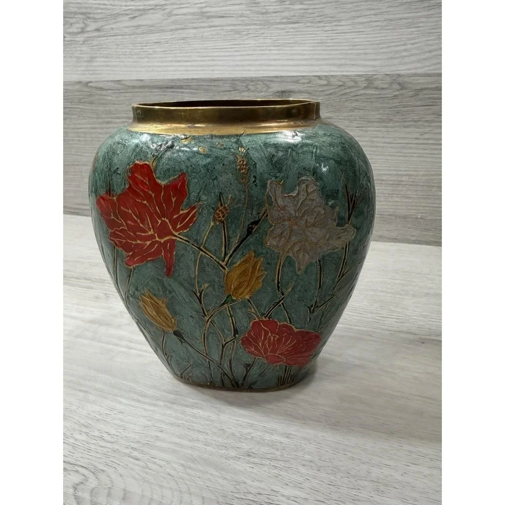 Solid Brass Polychrome Painted Lotus Vase Teal Gold Floral MCM 6